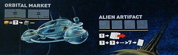 Her kan du se, at selvom der er fire felter både på Orbital Market og Alien Artifact, kan kun to spillere sætte terninger ved Orbital Market, men fire kan sætte ved Alien Artifact.