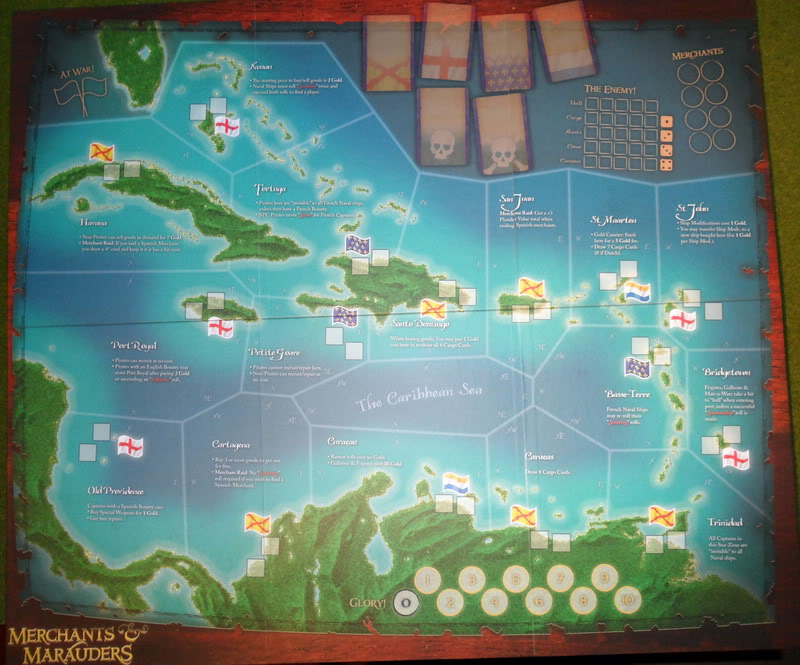 Spillepladen med kort over det Caraibiske Hav. Hver havn byder på nye muligheder for en god handel.