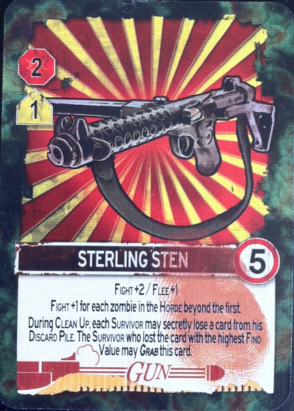 Et eksempel på et angrebs kort. Dette kort giver dig to i angreb, og et ekstra angreb mod hver zombie ud over den første. Udover denne effekt kan både dig og din modspiller fjerne et kort fra deres skraldebunke, når din runde er slut. Den spiller, der fjerner det kort, med den højeste værdi, får lov til at tage dette kort.