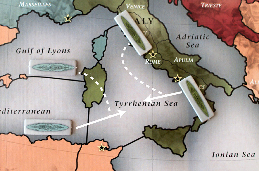 Eksempel på noget, der ikke fører til noget. Flåden fra Naples beordres ud i Tyrrhenian Sea med support fra flåden i Toscana. Samtidigt har flåden fra vest-middelhavet kurs mod TYR-feltet støttet af fåden i Golf of Lyons. Alle bliver stående, hvor de er nu.