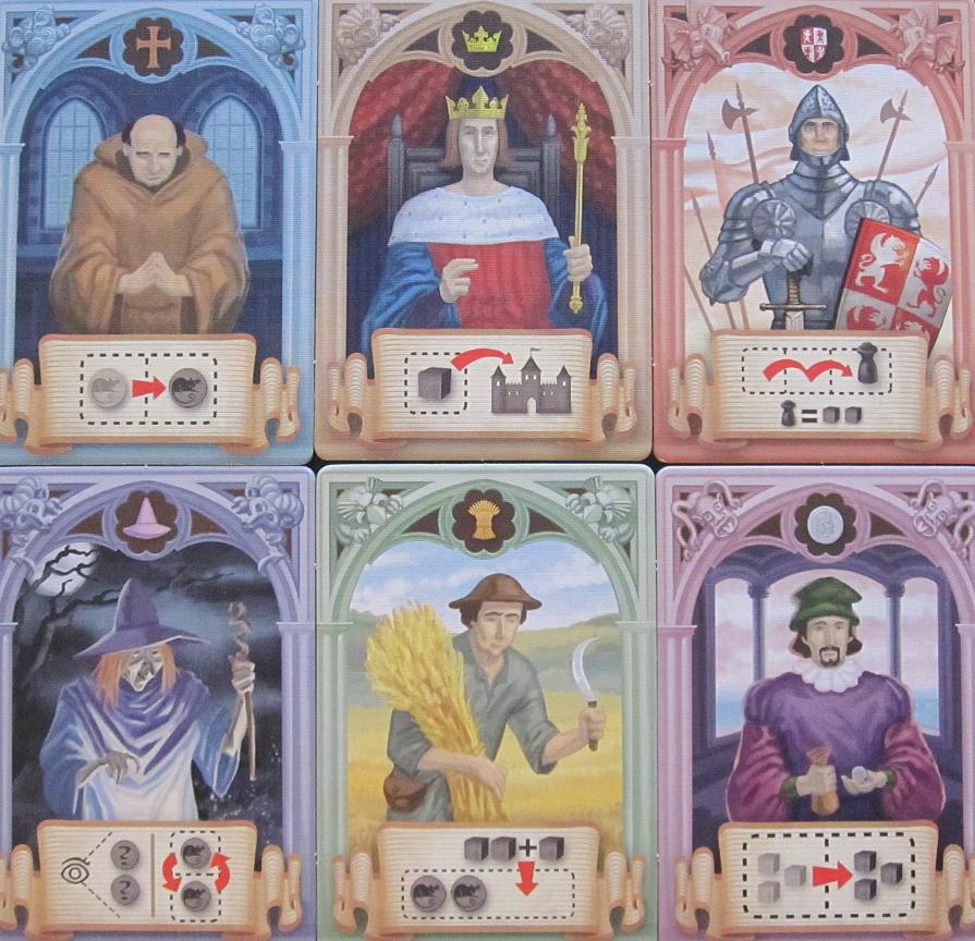 De seks karakterkort i Rattus: Munken, Kongen, Ridderen, Heksen, Bonden og Handelsmanden