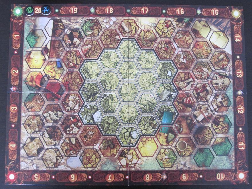 Spillepladen til Neuroshima Hex! - Anders og Anne har valgt Borgo og Outpost og placerer deres faktion symbol på 20 feltet øverst i venstre hjørne.