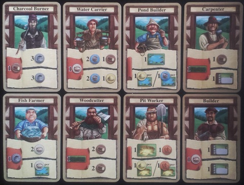 Otte rollekort af de 15 forskellige kort, hver spiller har at vælge imellem. 