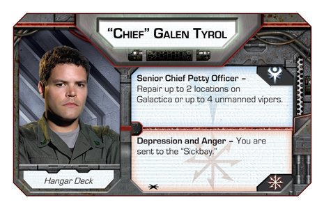 Hvis der lå en rød brik, ryger du direkte i Sick Bay. Av!! Hvis der derimod lå en blå, ville du kunne reparere Battlestar Galactica to gange, hvilket kan være til stor hjælp.
