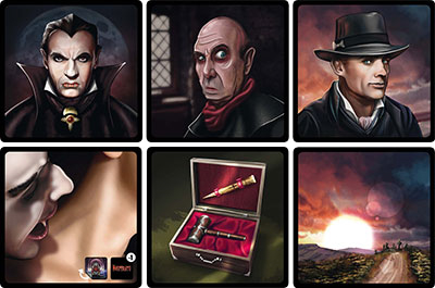 Spillets stemningsfyldte kort: de tre rollekort samt vampyrens bid, forfædrenes træstage og daggry