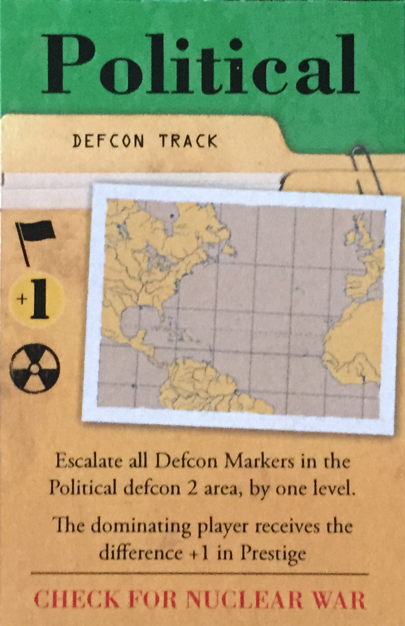 Flaget i venstre side fortæller at dette Agendakort omhandler et Politisk område. Radioaktivitets-symbolet viser, at kortet har en effekt på Defcon-markørerne. Tallet viser, hvor mange point vinderen af konflikten får som bonus.