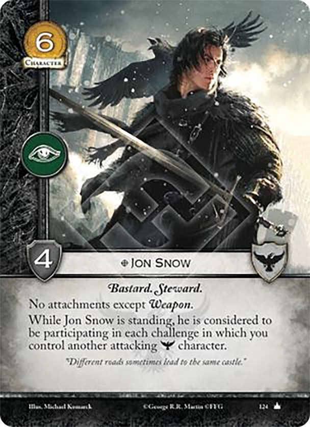 Jon Snow her koster seks guld at spille. Han har et intrige-ikon (grønt), og han har styrke fire. Grunden til hans relativt høje pris finder du i teksten nederst på kortet.