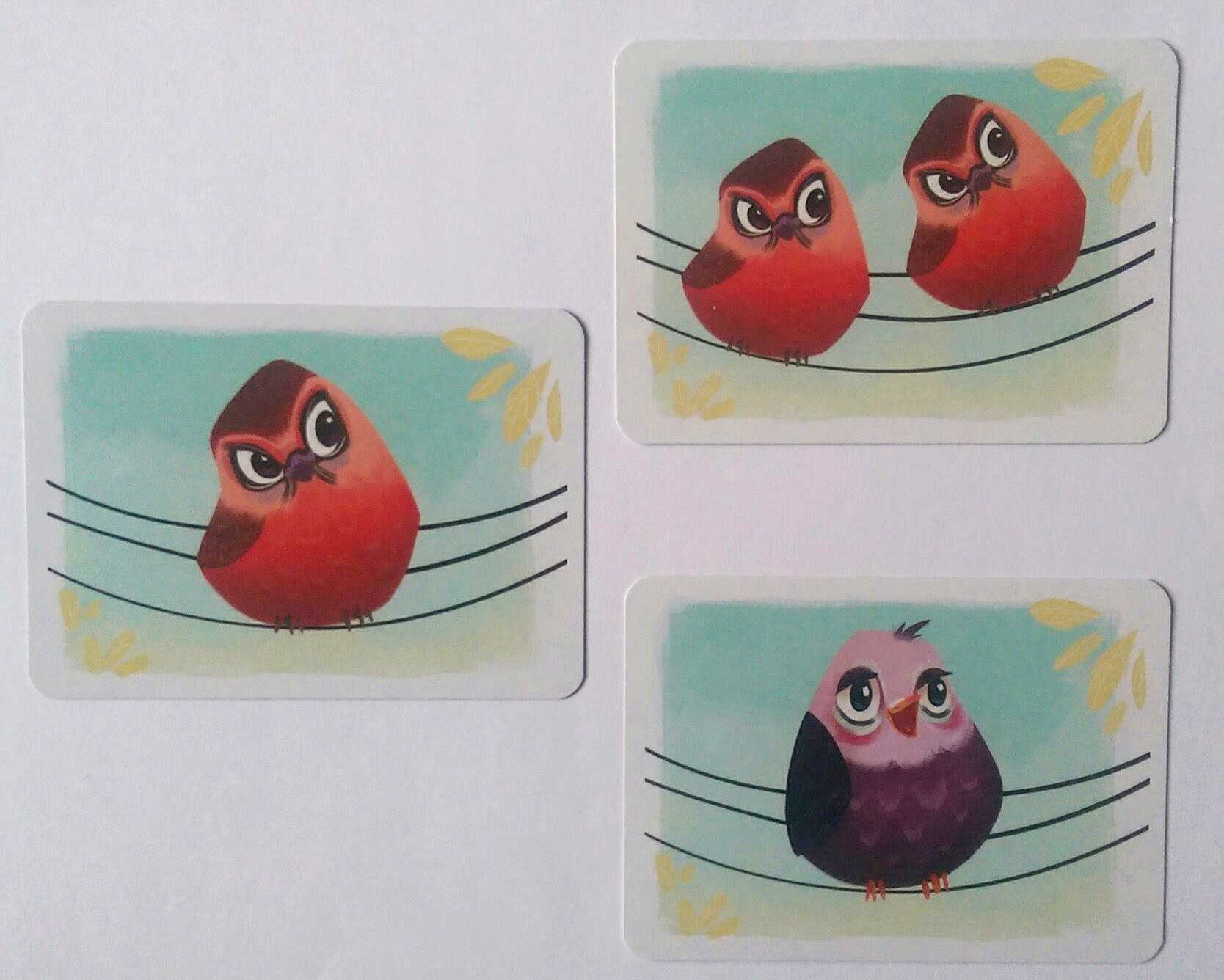 Kortet med den ene røde fugl har på den modsatte side enten en fugl i en anden farve eller to eller tre røde fugle.