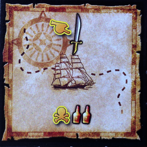 I dette tilfælde kan spilleren, der har vundet Styrmandens gunst vælge mellem, at spilleren der har bestukket kanoneren får en sabel, eller at spilleren der har bestukket bådsmanden får to flasker rom.