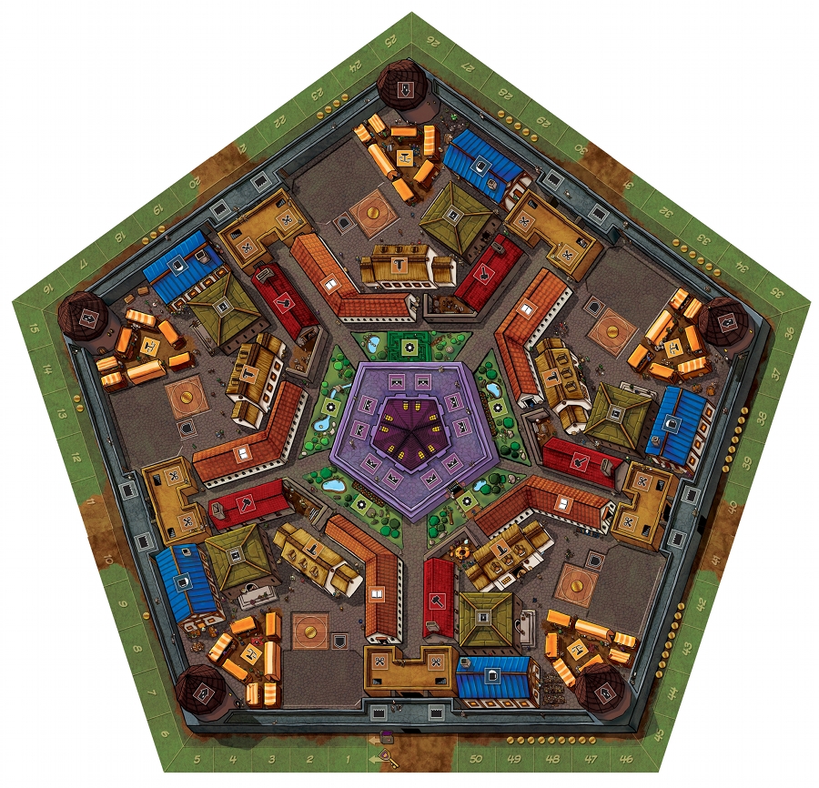 Den femkantede spilleplade, der repræsenterer de fem bydele i spillet Belfort