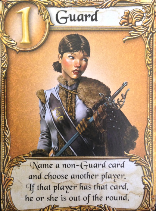 Et eksempel på et af kortene fra spillet. Du peger på en anden spiller, og nævner et af de andre kort i spillet - hvis spilleren har dette kort på hånden, er han ude af runden.