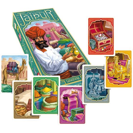 De syv forskellige typer kort i Jaipur: Kamelkort + varekort i seks forskellige typer: læder, krydderier, klæde, sølv, guld og ædelsten.