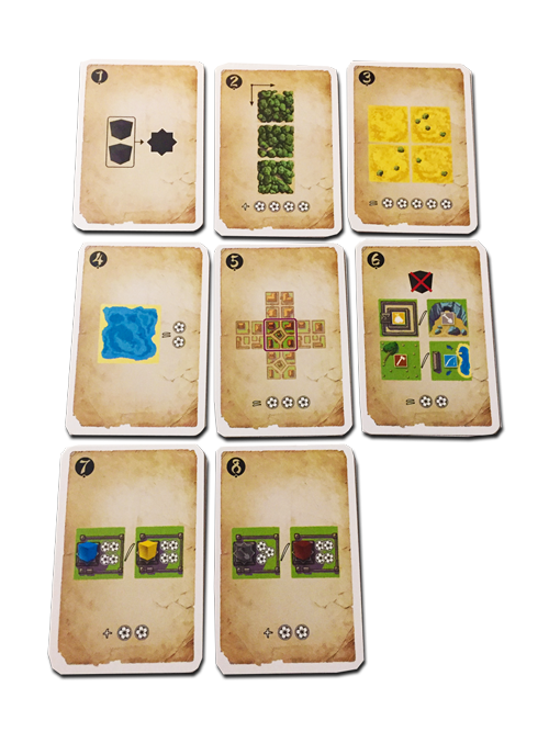I æsken ligger otte bonuspointkort, man kan vælge at spille med. De giver spillerne point for forskellige formationer af felter eller andre kombinationer af felter og ressourcer.