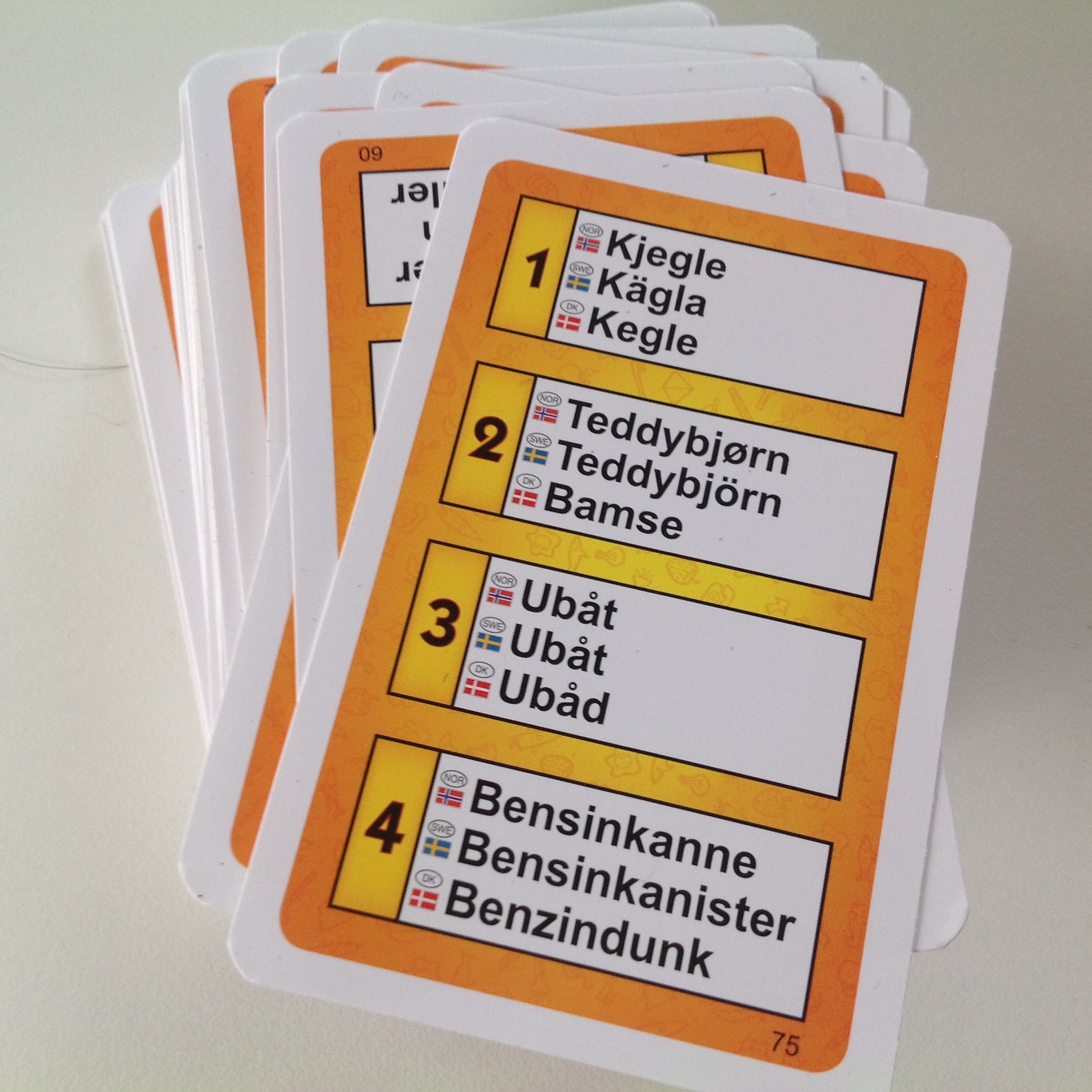 Hvert kort indeholder fire ord (på norsk, svensk og dansk, som den aktive spiller skal tegne og de øvrige spiller gætte.