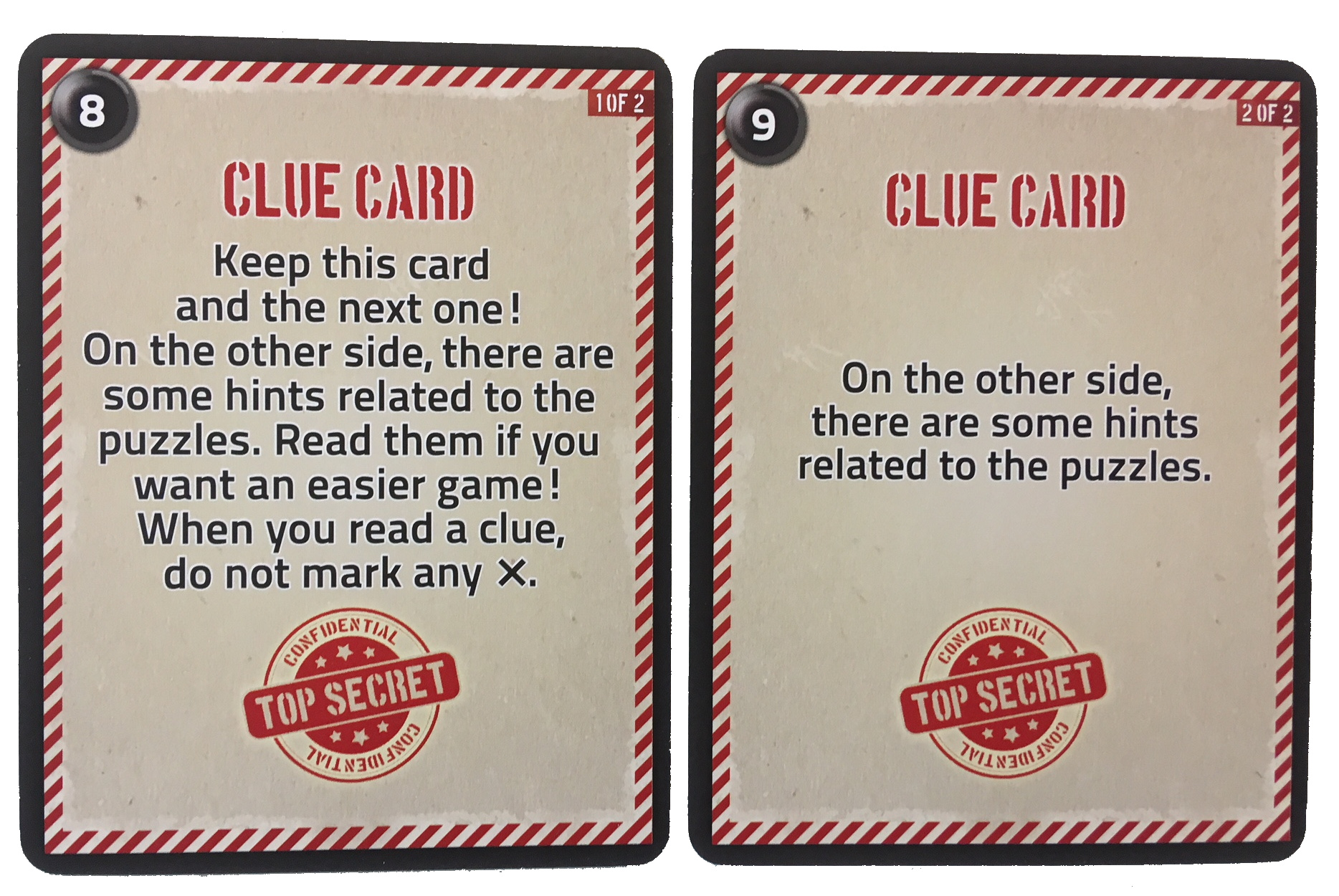 Clue cards med ledetråde til hver gåde på bagsiden.