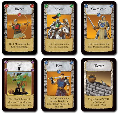 Her er flere af de kort der kan spilles i Castle Panic